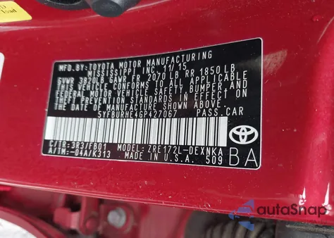 2016 Toyota Corolla Le из США, поврежденный, VIN 5YFBURHE4GP427067